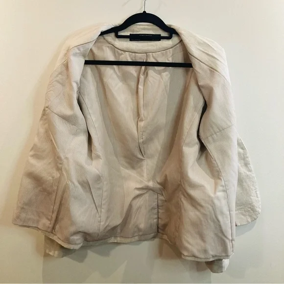 ZARA Basic Sz 14 Linen Pinstripe  Lined Pockets Collarless Slit Blazer Jacket - Picture 5 of 11